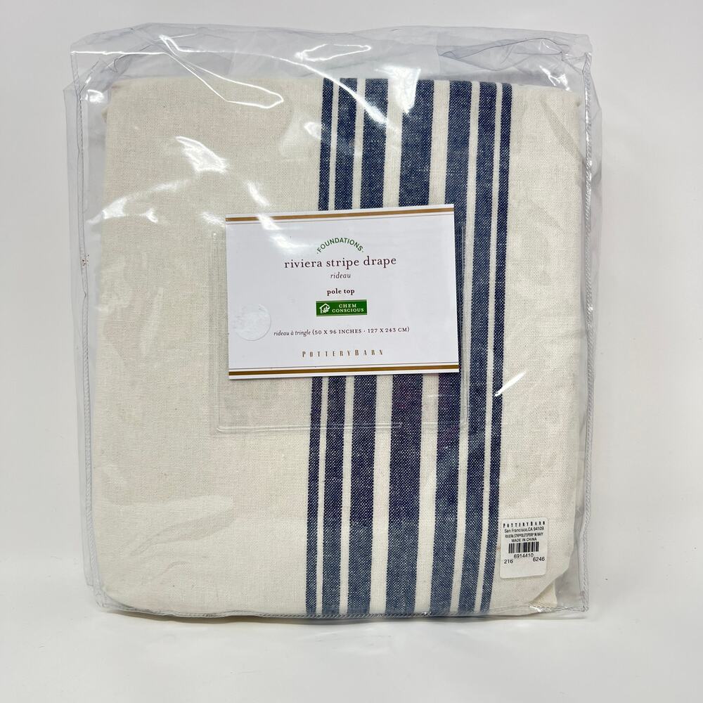 Pottery Barn Riviera Stripe Drape Navy Blue Panel 50x96 Curtain Linen Blend New
